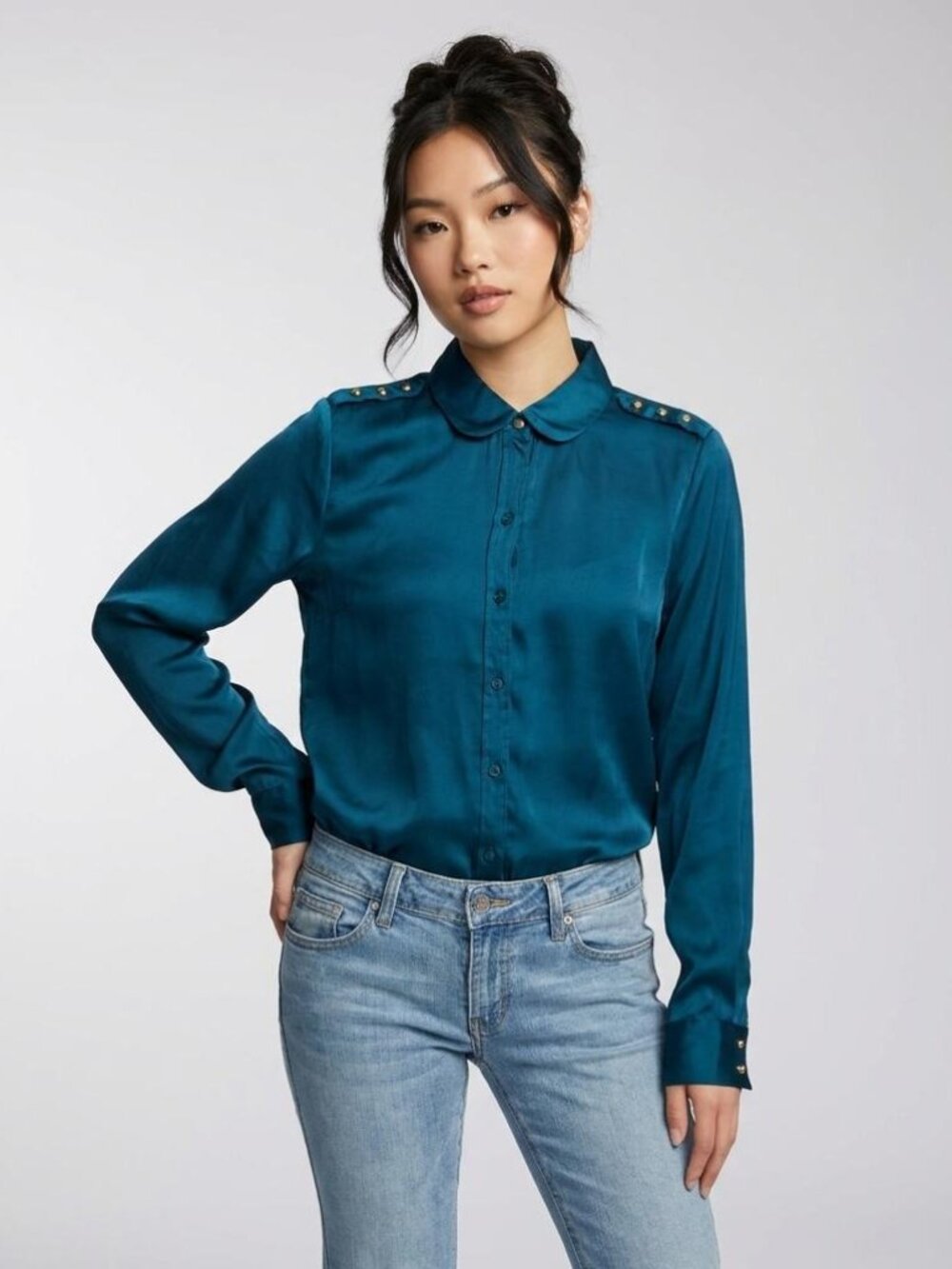 Forever 21 Teal Satin Studded Blouse - Peter Pan Collar